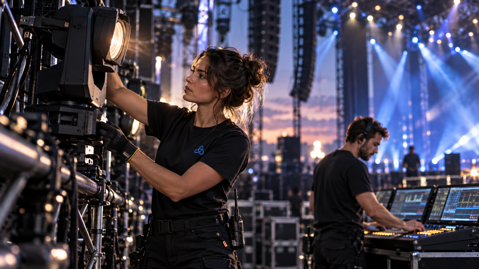 Technicienne TALORIM en intervention lumière sur une scène